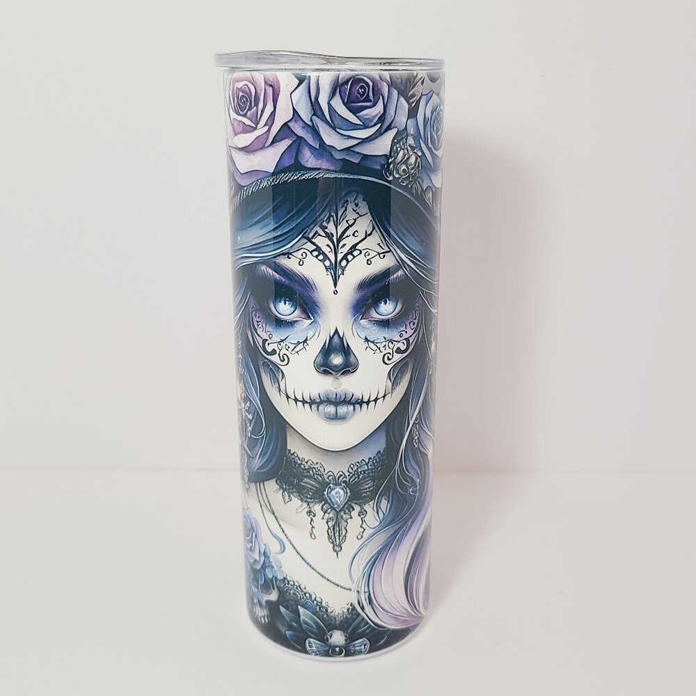 Gothic Skull Beauty & Ravens Tumbler – 20oz Stainless Steel Skinny Cup - Picture 3 of 7